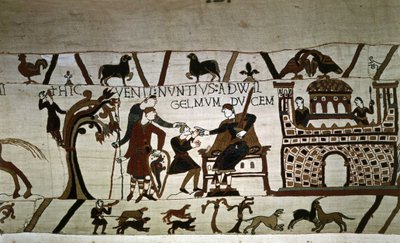Een boodschapper naar Hertog Guillaume (1027 - 1087) - Tapijt van Bayeux, bekend als Borduurwerk van Koningin Mathilde door Unknown artist