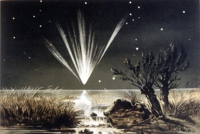 Een meteoriet valt in zee. Kleurenlithografie uit het einde van de 19e eeuw door Unknown artist