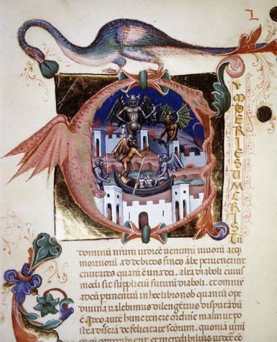 Een miniatuur "A"-letter die de stad van de duivel voorstelt. 14e-eeuws manuscript "De Civitate Dei" door Sint-Augustinus. Biblioteca Comunale di Rimini door Unknown artist