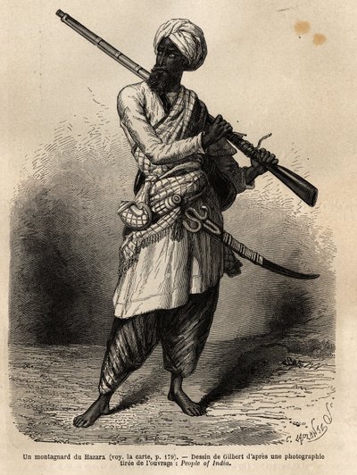 Een bergbewoner uit Hazara (Punjab, India). Gravure ter illustratie van de reis naar Pandjab en Kashmir, verhaal door Guillaume Lejean, in 1866, gepubliceerd in 
