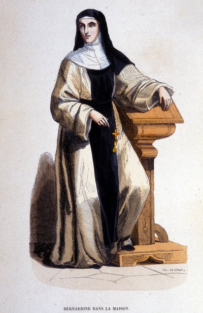 Een Bernardijnse non, lid van de Orde van Sint-Benedictus hervormd in de 12e eeuw door Sint-Bernardus. Gravure uit de 19e eeuw door Unknown artist