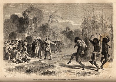 Een vreedzaam gesprek tussen de expeditie van de auteur en enkele Siriniris-indianen, aangetrokken door de mogelijkheid om jachtvoorwerpen te ruilen voor ijzerwaren door Unknown artist