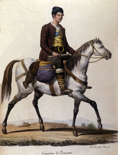 Een boer te paard, in de buurt van Camastra in Sicilië. Gravure uit de 19e eeuw door Unknown artist