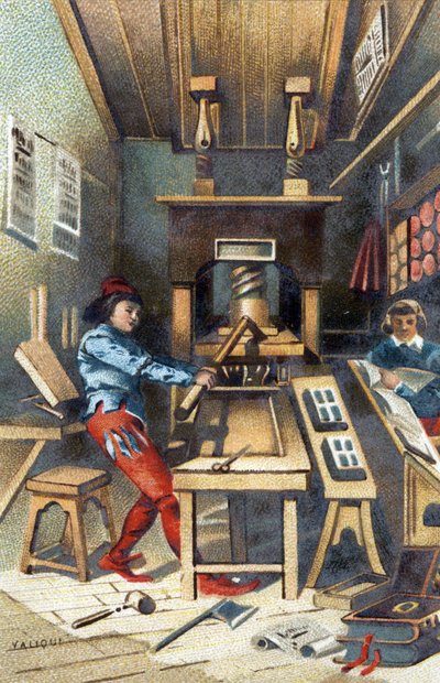Een drukkerij in de 15e eeuw. door Unknown artist