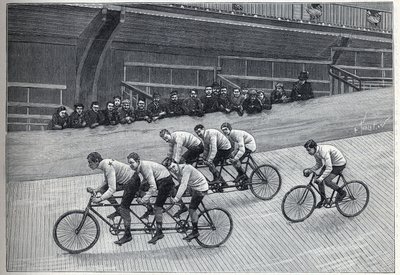 Een recordman-fietser met zijn trainers op tripletreinen op een fietsbaan. Gravure in "La Nature" door Unknown artist