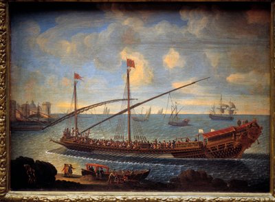 Een koninklijke galei keert terug naar de haven. Dit is de 
