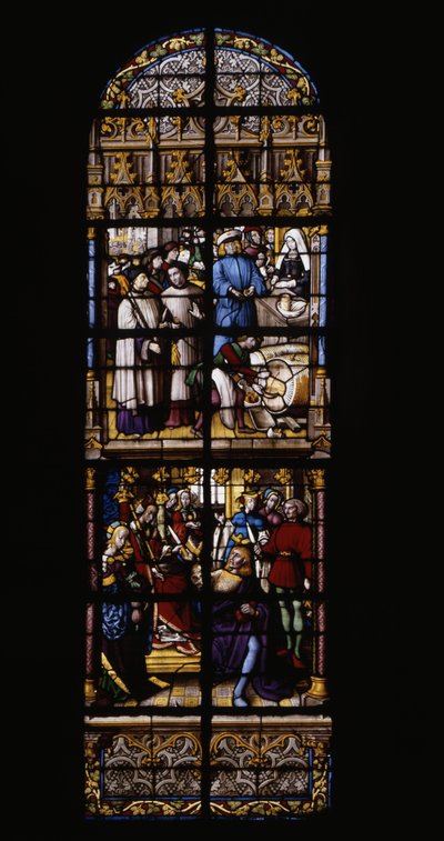 Een royalty op de verkoop van wijn, was en aan de toonbank (boven). Tegen goudprijs, Fredegonde gewapend met een vergiftigde dolk twee shekars van Therouanne (onder). Glas-in-lood in de Kathedraal van Doornik: Transept rechts (4) door Unknown artist