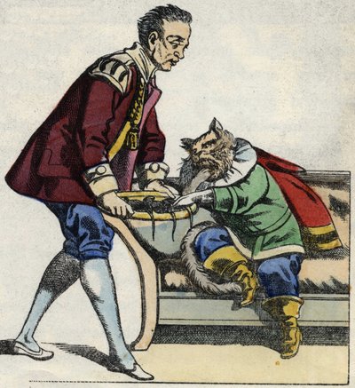 Een dienaar serveert de kat laarzen een muizen dienblad. Illustratie van het sprookje 