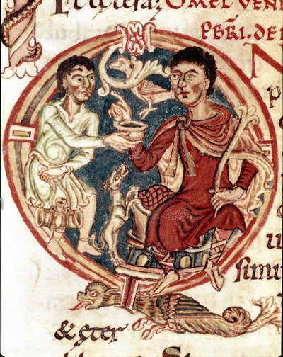 Een dienaar die de heer te drinken geeft (miniatuur uit Lectionaire de la Cathedrale de Reims, 11e eeuw) door Unknown artist