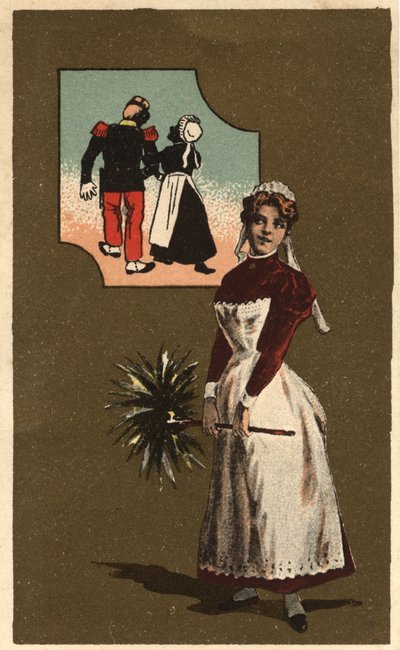 Een dienstmeisje met een veer. Ze droomde van de arm van een knappe soldaat. Anonieme chromolithografie, eind 19e eeuw. door Unknown artist