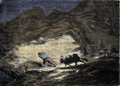 Een schipbreukeling (piraat) gebruikt een licht dat aan de kop van een os hangt om schepen te misleiden die dan de kust naderen en in handen vallen van plunderaars. Gravure uit de 19e eeuw door Unknown artist