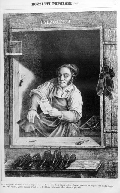 Een schoenmaker in de 19e eeuw: Als we de belastingen op hakken te hoog maken, hoeveel lange mannen zouden klein worden... door Unknown artist