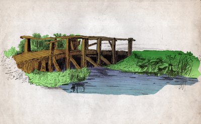 Een kleine houten brug over een rivier door Unknown artist