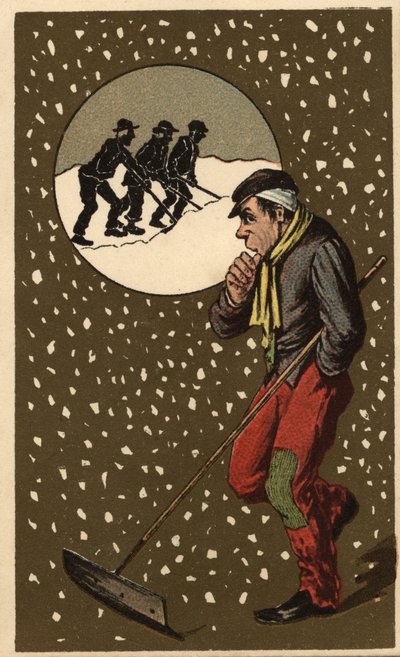 Een sneeuwverzamelaar met zijn schop door Unknown artist