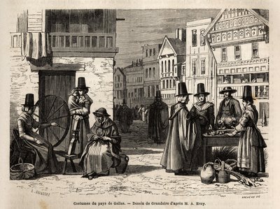 Een straat in Wales, met lokale bewoners gekleed in traditionele kostuums, en dagelijkse activiteiten: een gezin en vrouwen die wol spinnen met wielen. Gravure ter illustratie van een reis naar Wales, in 1862, door Alfred Erny, in 
