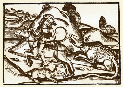 Een reiziger ontmoet twee monsterlijke tijgers met het uiterlijk van een basilisk door Unknown artist