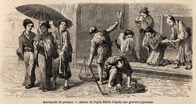 Een reizende octopusverkoper biedt zijn producten aan voorbijgangers aan, op Edo Street (of Yedo Street, nu Tokio). Gravure ter illustratie van de reis naar Japan, in 1863-1864, door Aimé Humbert, minister van de Zwitserse Confederatie, in 