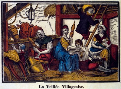 Een dorpsnachtleven: een boerenfamilie in een schuur door Unknown artist