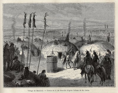 Een dorp van Mandans Indianen (of noumah ka kie: fazanten) op de linkeroever van de Missouri, 600 mijlen van de stad Saint Louis. Gravure ter illustratie van een excursie onder de Indianenstammen van de bekkens van Colombia en Boven-Missouri, door G. Catli door Unknown artist