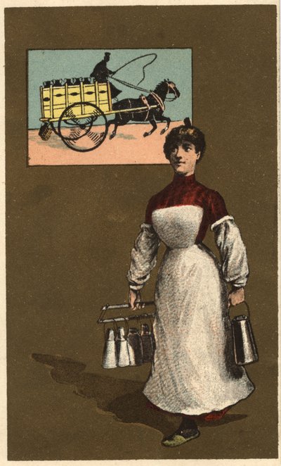 Een wandelende melkboer (leverancier of zuivelhandelaar). Anonieme chromolithografie, eind 19e eeuw. door Unknown artist