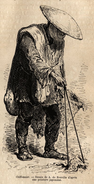Een wandelende voddenraper, met lange eetstokjes pakt hij de vodden die hij in zijn mand opslaat voordat hij ze aan een groothandelaar verkoopt. Gravure ter illustratie van de reis naar Japan, door Aime Humbert, minister van de Zwitserse Confederatie, in  door Unknown artist