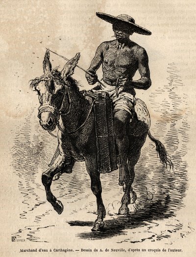 Een waterverkoper in Cartagena (Colombia), water is schaars en zijn handel is lucratief, de verkoper bezit nog een mul, vult bamboestammen met vloeistof, die hij willekeurig in de straten verkoopt. Gravure ter illustratie van de reis naar Nieuw-Granada, do door Unknown artist