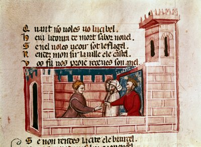Een vrouw ontmoet een koning in een kasteel en geeft hem een miniatuur cadeau door Unknown artist