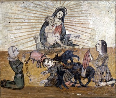 Een jonge jongen aangevallen door een groep wilde varkens (wilde zwijnen). Ex voto van de 16e eeuw van het heiligdom van de Madonna del Monte bij Cesena (Forlì). door Unknown artist