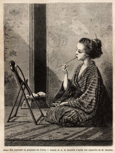 Een jong meisje uit Yedo (of Edo, het huidige Tokio), schildert haar lippen voor haar spiegel, heeft aan haar zijde de lakdoos met haar benodigdheden: kammen, borstels en haarspelden, tandpoeder, rijstpoeder en andere cosmetica. Gravure ter illustratie van door Unknown artist