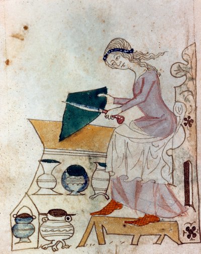 Een jonge vrouw die een mes slijpt. Miniatuur uit een Provençaals manuscript 