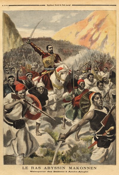 Abyssinische ras Ras Makonnen (Mekonnen Welde Mikael) (Abba Qagnew) (1852-1906), krijgsheer en rechterhand van keizer Menelik II (1844-1913), met zijn troepen, winnaar van Amba Alaghi, van het Italiaanse leger onder bevel van majoor Toselli. Gravure in 