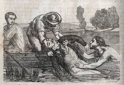 Ongevallen geneeskunde - over de meest effectieve hulp aan drenkelingen - om een drenkeling uit het water te halen, moet je dit zo handig mogelijk doen - gravure in 