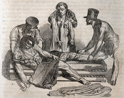 Ongevallen geneeskunde - over de meest effectieve hulp aan drenkelingen - om zo snel mogelijk uit te kleden, moet je de natte kleding scheuren - gravure in 