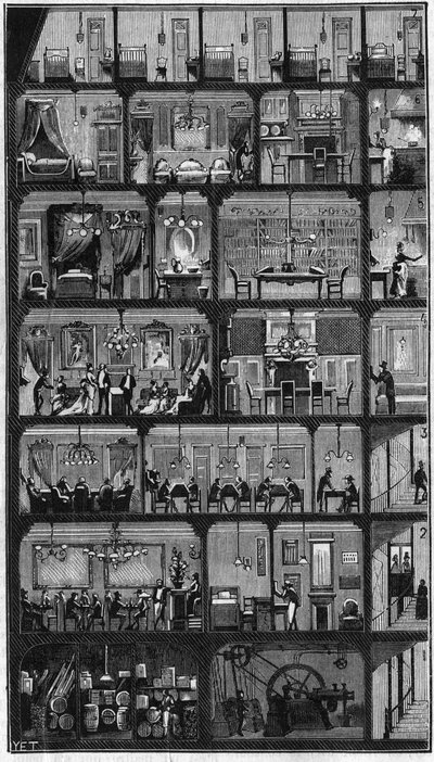 Accommodatie in Parijs - Doorsnede van een Haussmann-gebouw in Parijs in 1885. Bovenverdieping de goede kamers en op de andere verdiepingen, kantoren, appartementen en ontvangstruimte (vergadering). Gravure in 