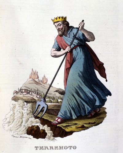 Volgens de Griekse mythologie worden aardbevingen veroorzaakt door Neptunus die de aarde schudt met zijn drietand. Gravure uit de 19e eeuw door Unknown artist