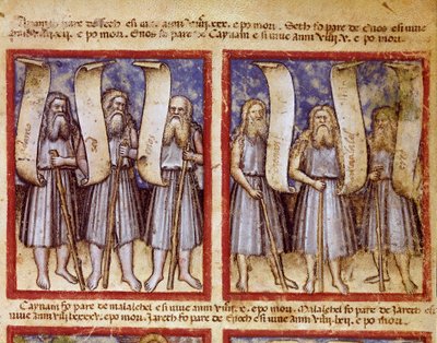 De genealogie van Adam wordt gevolgd door Seth, Enoch, Kenan, Mahalalel en Jared, de grote patriarchen van de Miniatuur Bijbel uit codex 212 (of Padovano of Bijbel van Padua) 1390-1400 door Unknown artist