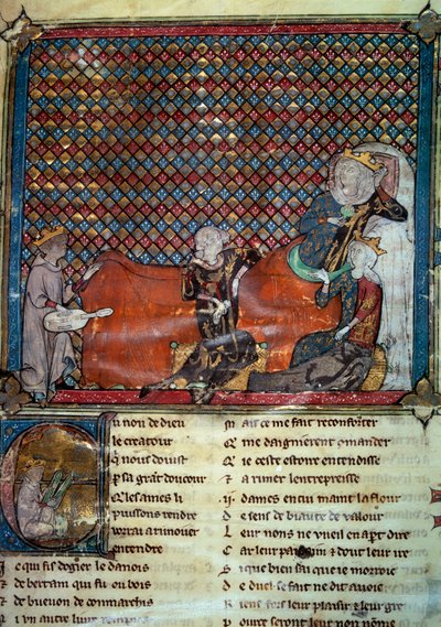 Adenet le Roi, dichter en minstreel, reciteert de roman van Cleomades voor Mathilde de Brabant en prinses Blanche van Castilië. Miniatuur uit een verzameling Franse poëzie door Unknown artist
