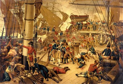Admiraal Nelson zwaar gewond op de Victory Bridge tijdens de Slag bij Trafalgar op 21/10/1805 door Unknown artist