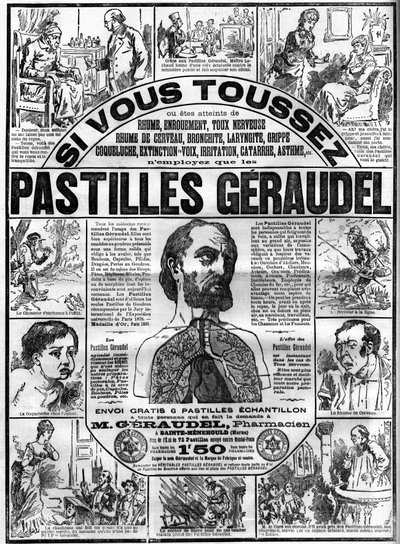 Reclame voor Geraudel-tabletten door apotheker Arthur Geraudel (1841-1906) in Sainte-Menehould tegen hoest. Gravure in 