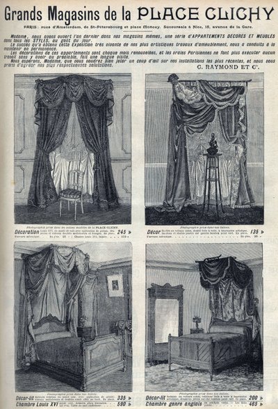 Reclame voor meubels en decoraties van de warenhuizen van de Place de Clichy in Parijs. Gravure in 