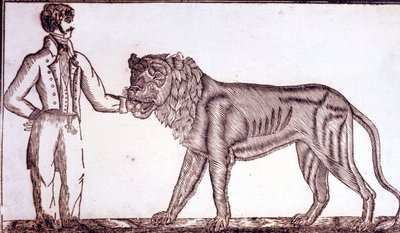 Reclame voor het circus in 1800 met een temmer die zijn hand in de mond van een leeuw steekt door Unknown artist