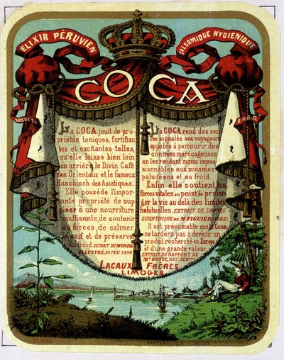 Reclame voor Coca (product gewonnen uit cocaïne): "Het Peruaanse Balsamische Hygiënische Elixir COCA", chromolithografie uit de 19e eeuw door Unknown artist