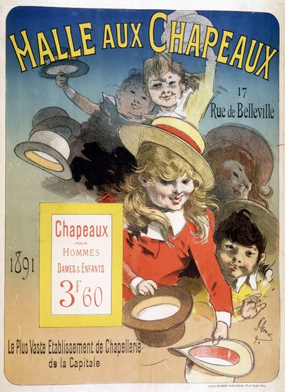 Reclameposter voor de "Halle aux hats", rue de Belleville in Parijs door Unknown artist