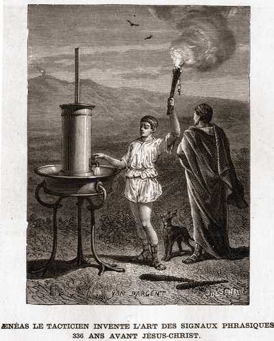Aeneas de Tacticus bedenkt de kunst van signaaloverdracht, 366 v.Chr. Gravure 19e eeuw, Bianchetti collectie door Unknown artist