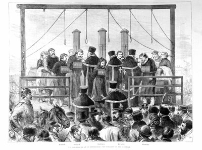 Na de aanslag op Alexander II worden de gearresteerde nihilisten opgehangen. door Unknown artist