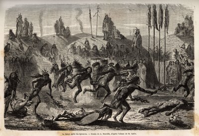 Na de ceremonie van zelfovergave aan de Grote Geest, omarmen de jonge krijgers een uitzinnige en uitbundige dans, de zwaksten worden over de grond gesleept, onder de Mandan-indianen (of noumah ka kie: fazanten), aan de linkeroever van de Missouri. Gravure  door Unknown artist