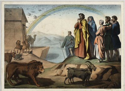 Na de zondvloed dalen de dieren af van de ark. Rechts: Noach, zijn vrouw, zijn drie zonen (Sem, Cham en Jafet) en hun vrouwen. Onderaan de regenboog (symbool van de orde van de schepping tussen Noach en God). Anonieme gravure uit het midden van de 19e eeuw door Unknown artist