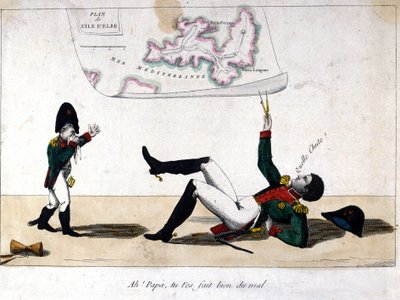 Ah, papa, je hebt jezelf pijn gedaan. Cartoon over de ballingschap van Napoleon Bonaparte op het eiland Elba. door Unknown artist