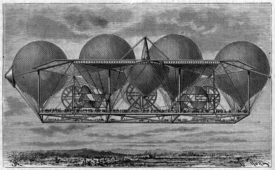 Luchtschipproject van uitvinder Ernest Petin (1812-1878). Gravure in 