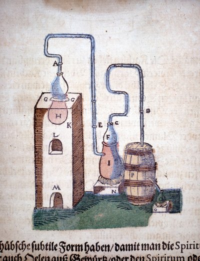 Alchemie: apparaat voor distillatie, uit een boek van Pietro Andrea Mattioli (Matthiole) (1500-1577). Frankfurt door Unknown artist